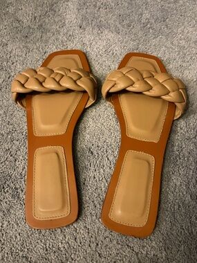 Braided Slide Sandals in Tan - Women's Casual Slip-On